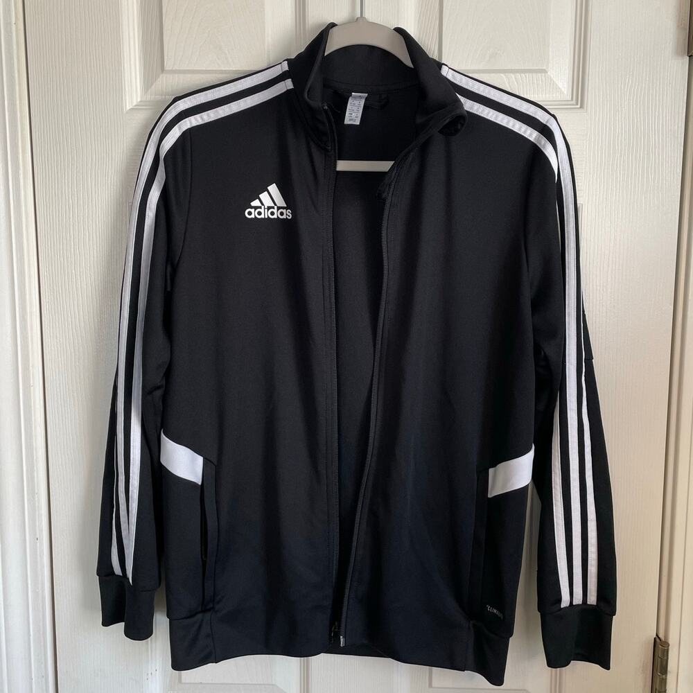 Adidas Track Jacket Boys Youth Sz L (13-14Y) Black White Logo Stripes Activewear - Picture 8 of 12